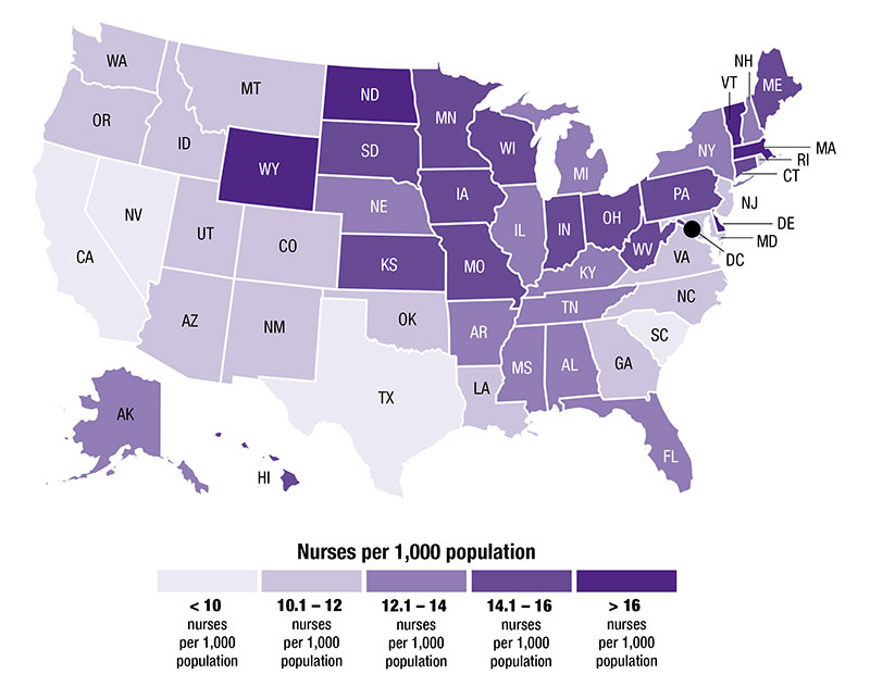 Map of U.S. showing nursing shortages by state