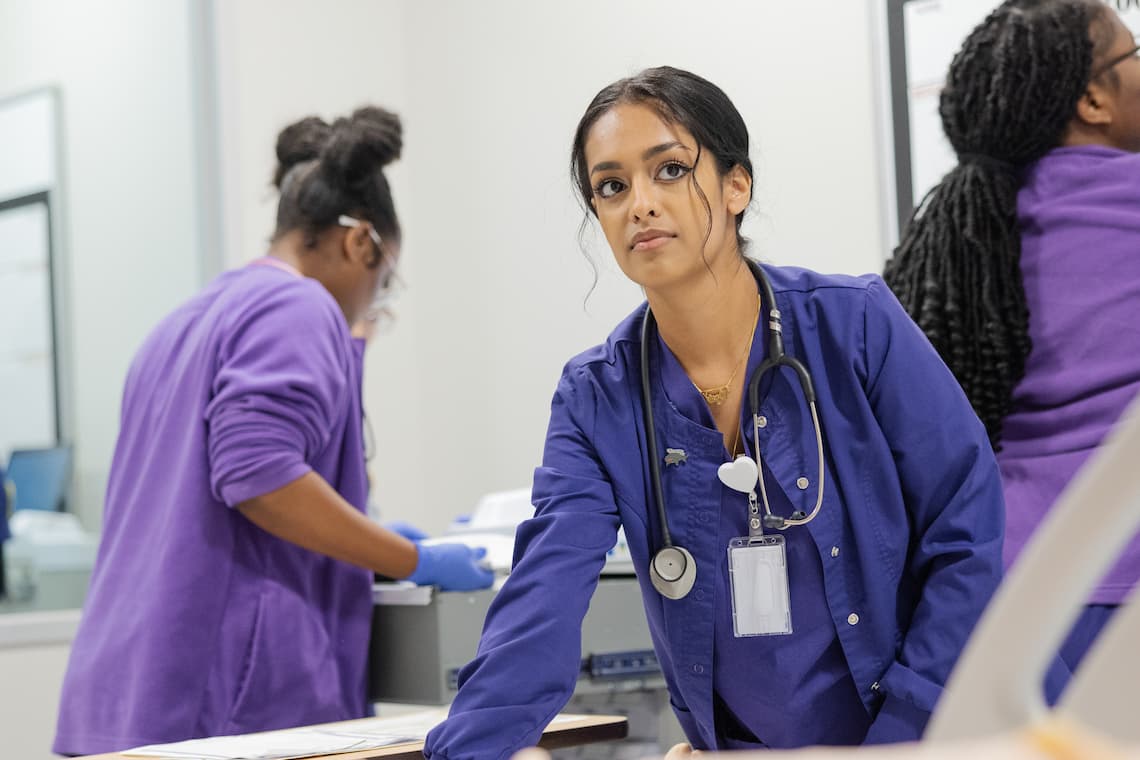 Nursing student in a sims lab